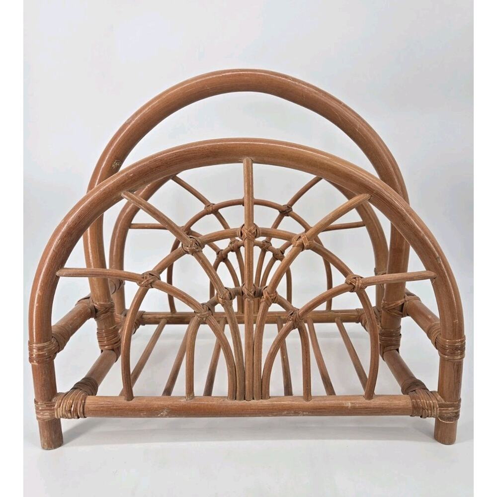 Vtg MCM Boho Bamboo Magazine Rack Bentwood Wicker Cane Holder Newspaper Caddy